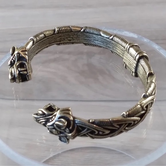 Silver Wolf Head Viking Norse Knotwork Cuff Bangle Bracelet - Picture 7 of 12